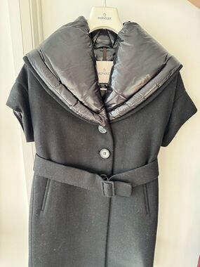 Moncler Black Wool Trench Coat with Quilted Padded Collar